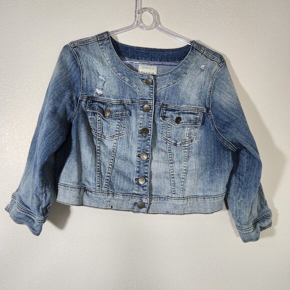 Torrid Cropped Distressed Jean Jacket 2 18/20 2X Stretch Denim 3/4 Sleeve - Picture 1 of 17
